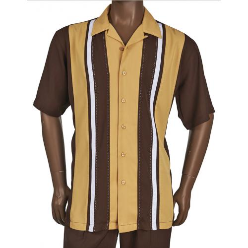 Inserch Honey / Brown / White Sectional Design Button Up Short Sleeve Outfit 80356