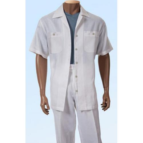 Giorgio Inserti White Woven Plaid Design Microfiber Blend Short Sleeve Outfit 7299