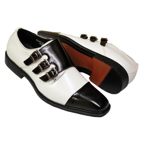 Antonio Cerrelli White / Black PU Leather Cap Toe Loafer Shoes With Double Monk Straps 6679