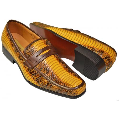 Antonio Cerrelli Yellow Gold / Black PU Leather Python Print Penny Loafer Shoes 6494