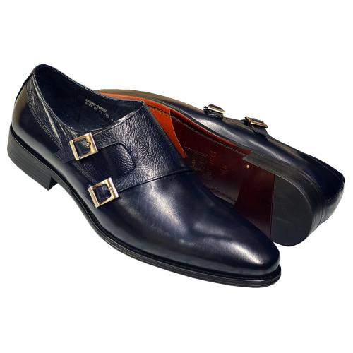 Carrucci Navy Blue Calfskin Leather Shoes with Double Monk Straps KS099-3003N