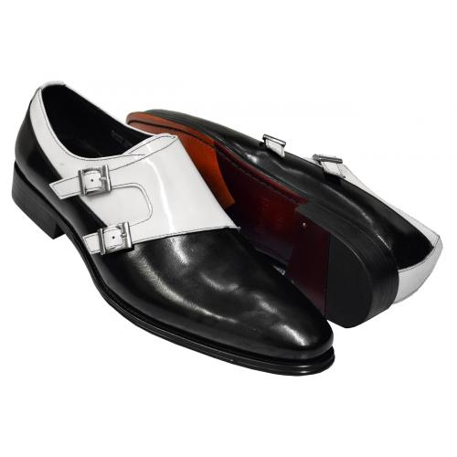 Carrucci Black / White Calfskin Leather Shoes with Double Monk Straps KS099-3003W