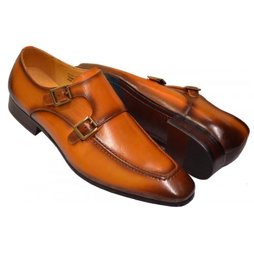 Carrucci Cognac Burnished Calfskin Leather Moc Toe Shoes with Double Monk Straps KS502-11