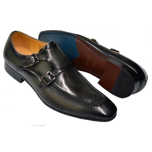 Carrucci Grey Burnished Calfskin Leather Moc Toe Shoes with Double Monk Straps KS502-11