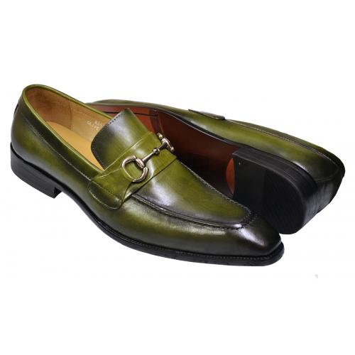 Carrucci Olive Green Burnished Calfskin Leather Bit Loafer Shoes KS478-02