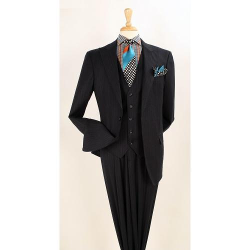 Apollo King Black With Grey / Red Stripes Super 150's Wool Vested Wide Leg Suit WH-132