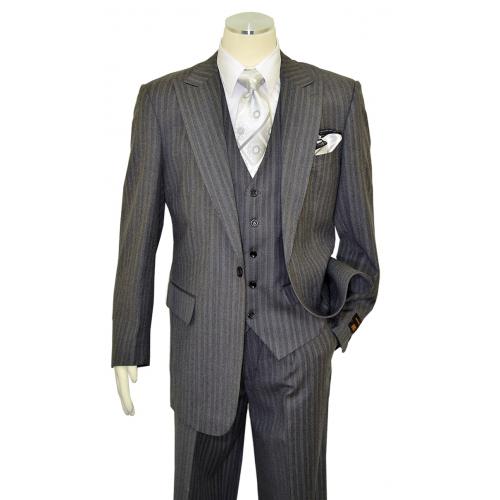 Apollo King Heather Grey With White Multi Pinstripes Super 150's Wool Vested Wide Leg Suit WH-134