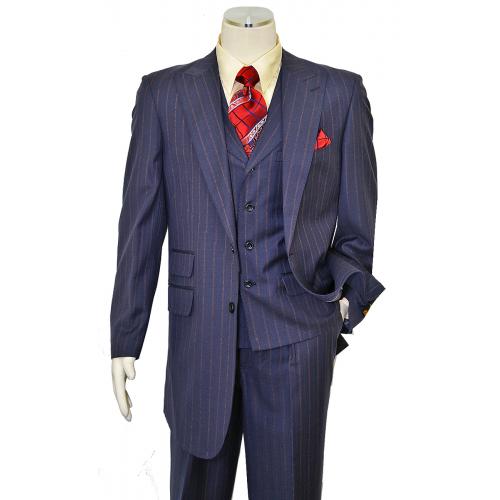 Apollo King Navy With Red / Gold Pinstripes Super 150's Wool Vested Wide Leg Suit WH-209