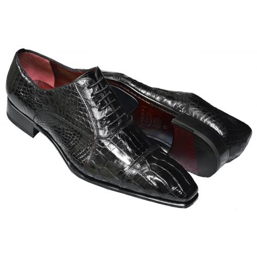 Caporicci CP201 Black Genuine Baby Alligator Cap Toe Shoes With Cherry Piping