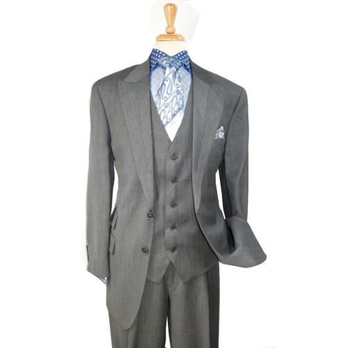 Apollo King Medium Grey Herringbone Super 150's Wool Vested Classic Fit Suit J20-198