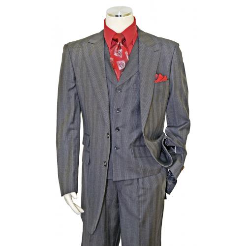 Apollo King Charcoal Grey With White / Red Pinstripes Super 150's Wool Vested Wide Leg Suit WH-206