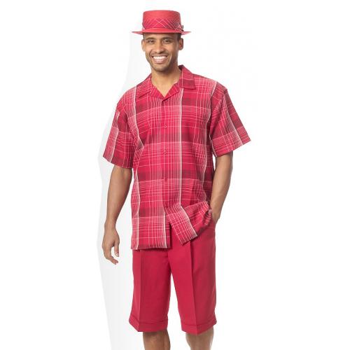 Montique Red / White Windowpane Design Short Set Outfit 741