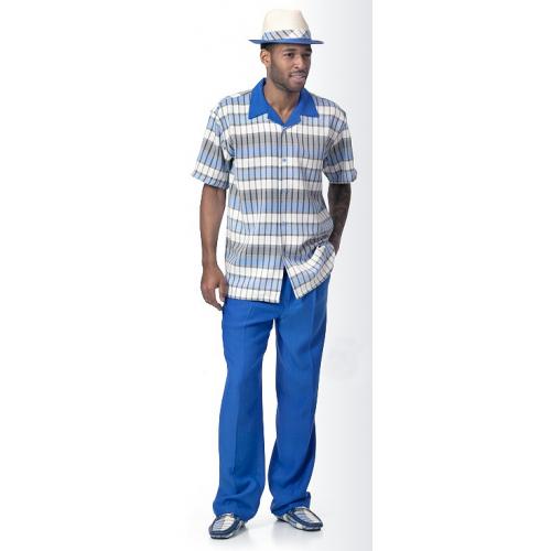Montique Royal Blue / Grey / White Windowpane Design Short Sleeve Outfit 1728