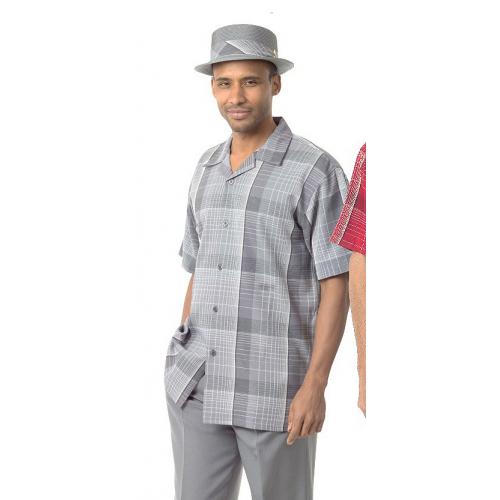 Montique Grey Combo / White Windowpane Design Short Sleeve Outfit 1741