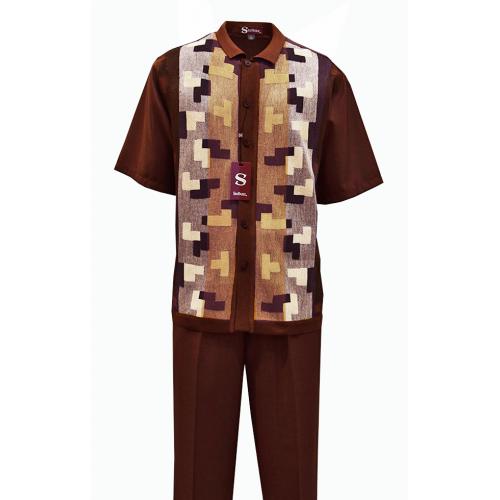 Silversilk Brown Combo / Camel Button Up Short Sleeve Knitted Outfit 2384