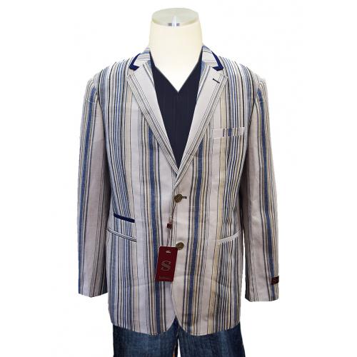 Silversilk White / Navy Blue / Beige / Black Striped Linen / Cotton Blazer With Elbow Patches 2538JKT