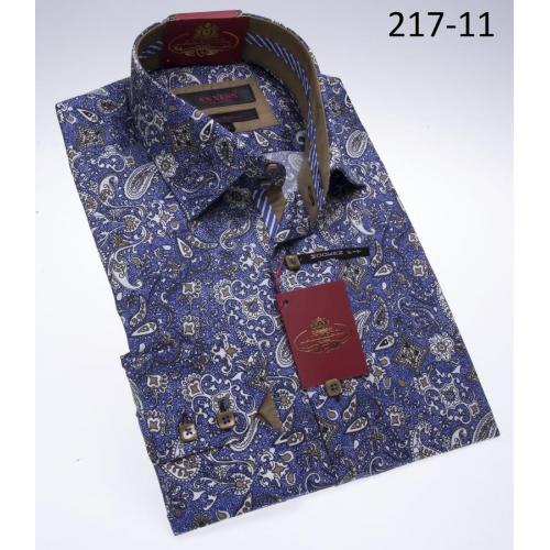 Axxess Navy Blue / Taupe Paisley Modern Fit 100% Cotton Dress Shirt 217-11