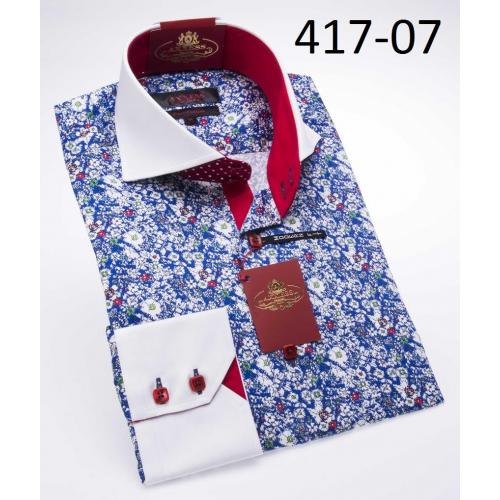 Axxess Royal Blue / White / Red Floral Design Modern Fit 100% Cotton Dress Shirt 417-07