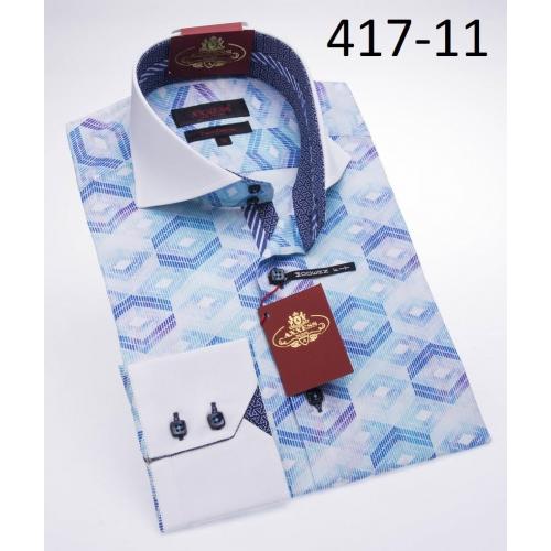 Axxess White / Turquoise Modern Fit 100% Cotton Dress Shirt 417-11
