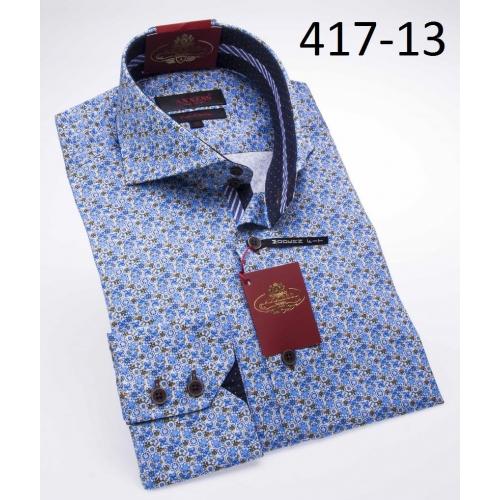 Axxess Blue / White / Taupe Floral Design Modern Fit 100% Cotton Dress Shirt 417-13