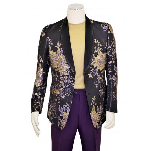 Lanzino Black / Lavender / Gold Lurex Floral Design Shawl Collar Blazer SLM084