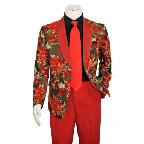 Lanzino Red / Rustic Brown / Gold Lurex Floral Design Shawl Collar Blazer SLM085