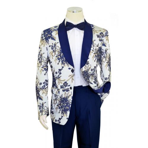 Lanzino Navy Blue / Silver / Gold Lurex Floral Design Shawl Collar Blazer SLM085