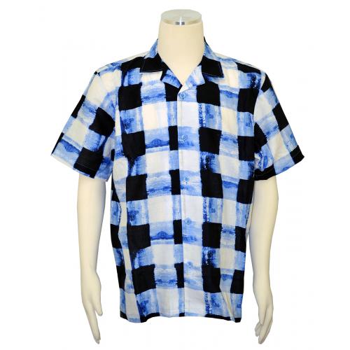 Stacy Adams Black / Blue / White Check Design Linen Short Sleeve Shirt 2548