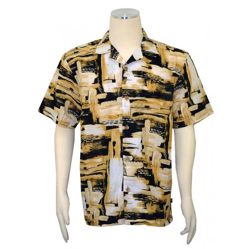 Stacy Adams Camel / Black / Ivory Abstract Design Linen Short Sleeve Shirt 2560
