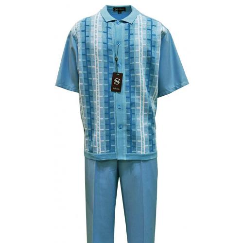 Silversilk Powder Blue Combo / White Windowpane Design Short Sleeve Knitted Outfit 2380