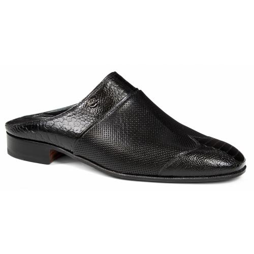 Mauri "4314" Black Genuine Ostrich Leg / Kid Skin Perforated Half Shoes.