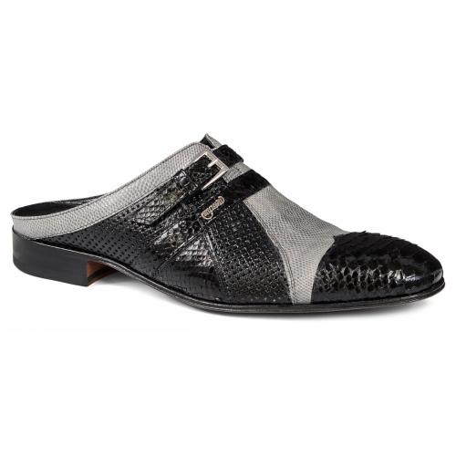 Mauri "4803" Black Genuine Python / Black-Grey Karung / Black Perforated Half Shoes.