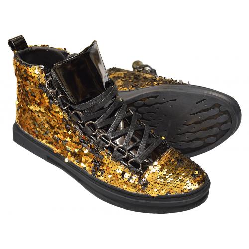 Encore By Fiesso Black / Gold Metallic Sequined / PU Leather High Top Sneakers FI2249