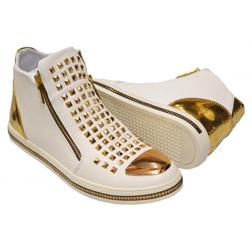 Encore By Fiesso White / Gold Metal PU Leather / Rhinestone Studded High Top Sneakers FI2270