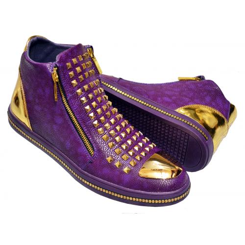 Encore By Fiesso Purple / Gold Metal PU Leather / Rhinestone Studded High Top Sneakers FI2270