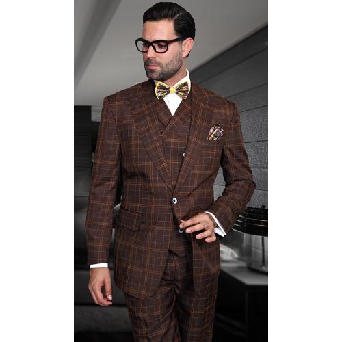 Statement Confidence "Sorento" Brown / Camel Windowpanes Super 150's Wool Vested Wide Leg Suit