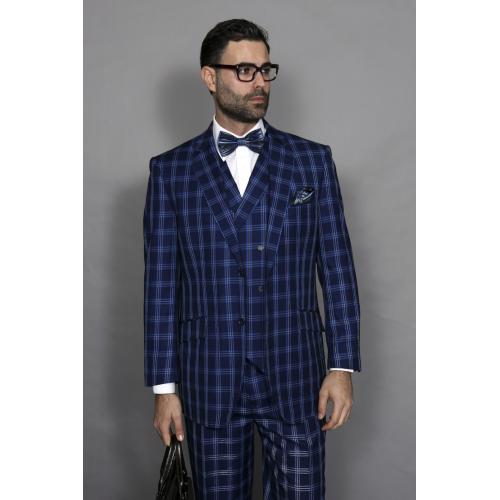 Statement Confidence Navy Blue / Sapphire / Grey Plaid Super 150's Wool Vested Suit TZ-954