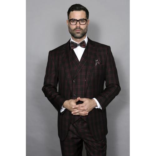 Statement Confidence Black / Red / Royal Blue Plaid Super 150's Wool Vested Suit TZ-955
