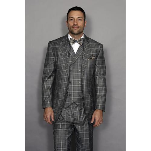 Statement Confidence Grey / Taupe / Silver Plaid Super 150's Wool Classic Fit Vested Suit TZ-957