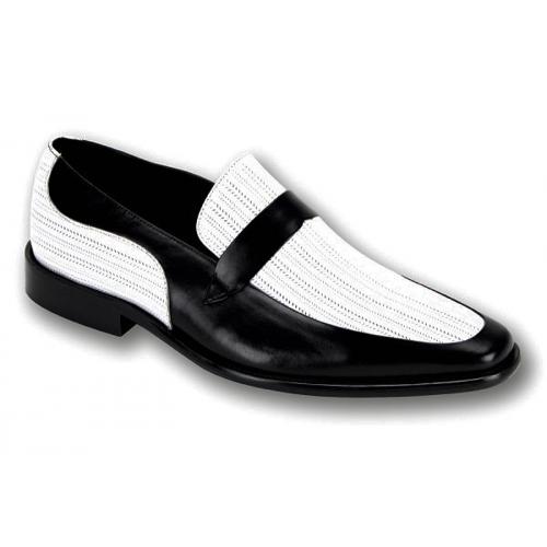 Steven Land Black / White Perforated Leather Slip-On Shoes SL0011