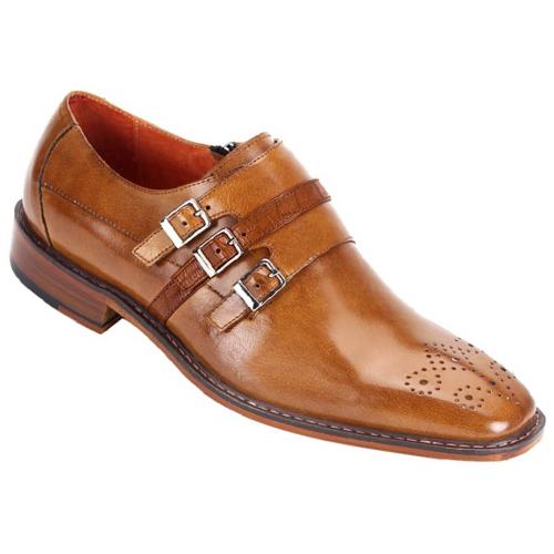 Steven Land Cognac Genuine Leather Slip-On Shoes With Triple Monk Straps SL0012
