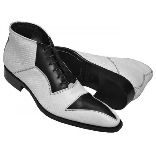 Duca Di Matiste Black / White Italian Calfskin Leather / Python Design Ankle Boots 02