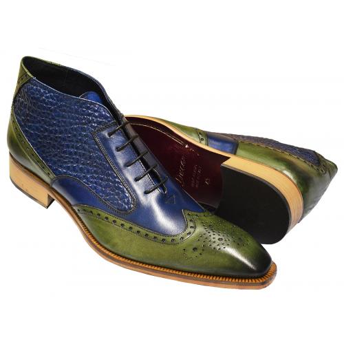 Duca Di Matiste Olive Green / Navy Blue Italian Calfskin Leather / Crocodile Design Ankle Boots 97