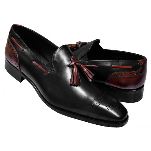 Duca Di Matiste Black / Burgundy Burnished Italian Calfskin Leather Loafers With Tassels 01866