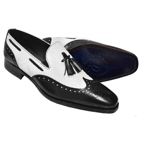Duca Di Matiste White / Black Italian Calfskin / Python Design Leather Loafers With Tassels 1866