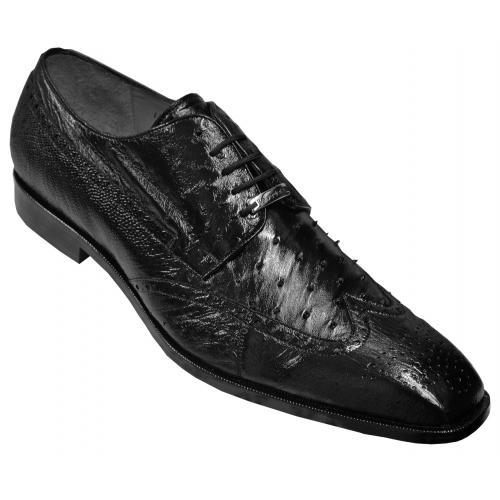 Belvedere "Crosta" Black All-Over Genuine Ostrich Oxford Wing Tip Shoes 114009