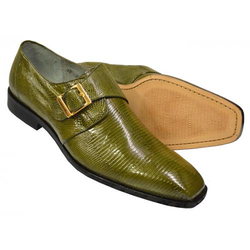 Belvedere "Madrid" Olive Green Genuine Lizard Shoes With Monk Strap 114010