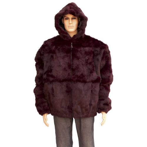 Winter Fur Burgundy Full Skin Rabbit Jacket With Detachable Hood M05R02BD