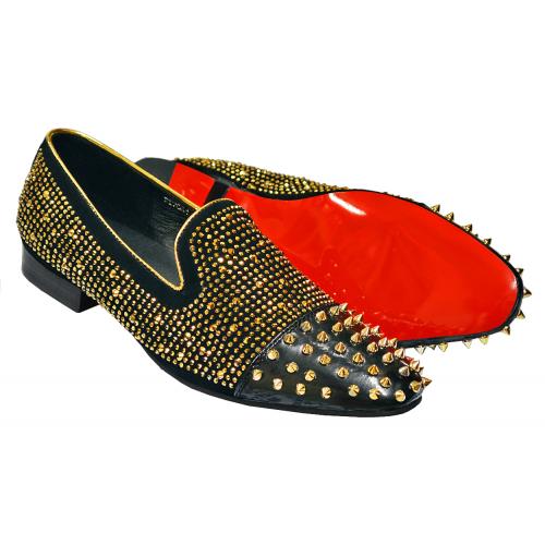Fiesso Black Leather / Suede Slip-On Shoes With Gold Spikes / Rhinestones FI7081