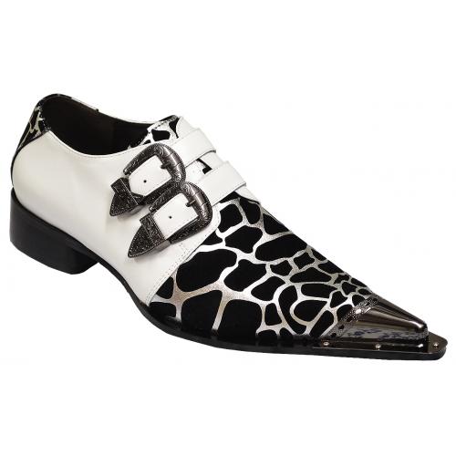 Fiesso White / Black / Silver Leopard Print Suede / Leather Shoes With Double Monk Straps FI7109